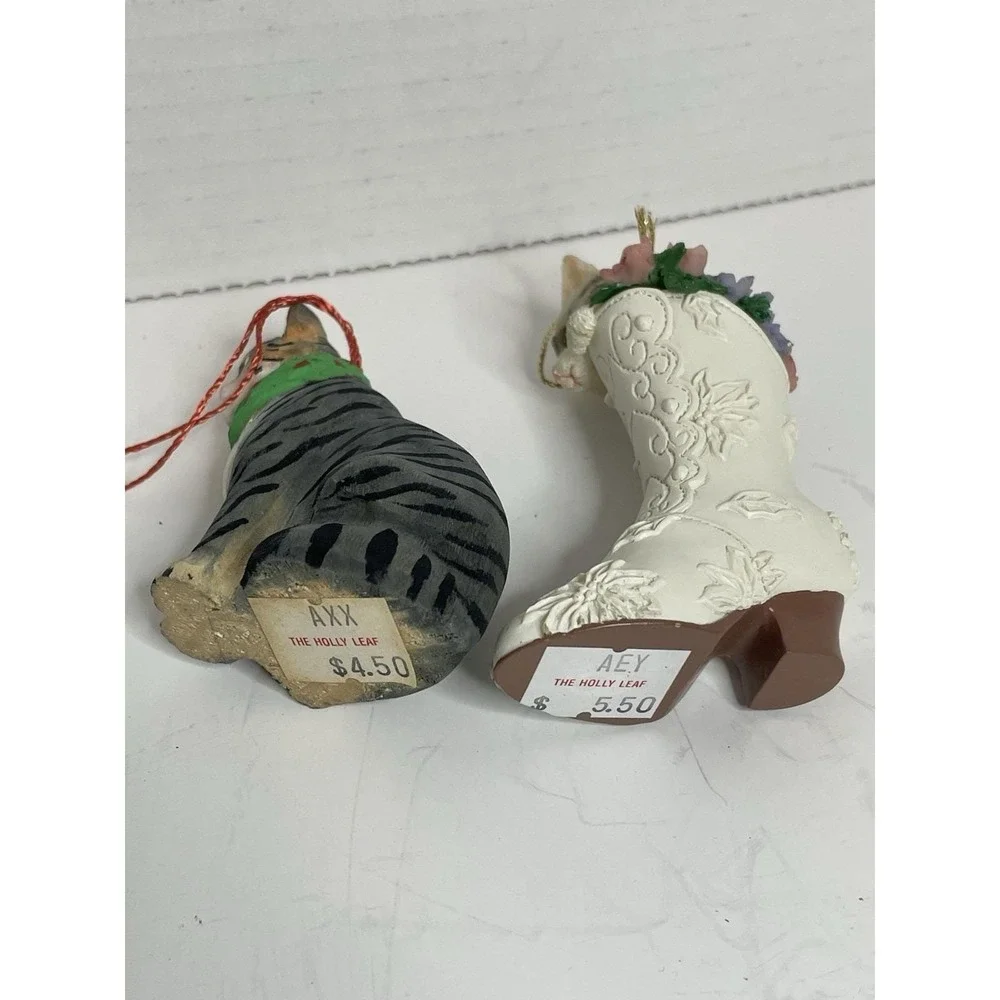 Victorian Cat in Boot And Wood Cat Christmas Ornament Kitten Flowers 4.5